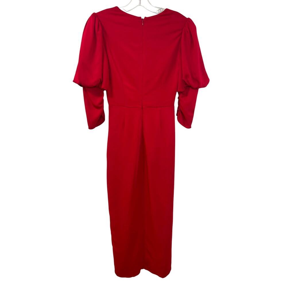 SELF-PORTRAIT, Crepe Midi Dress Puff Sleeve Side-Split Stretch Red SZ 0 US, 4 UK - Picture 3 of 14